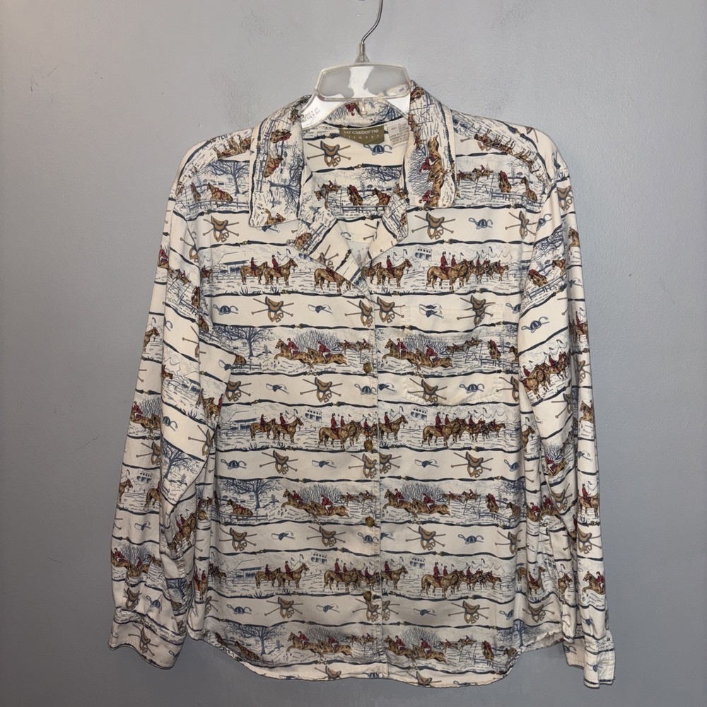 VTG Liz Claiborne Equestrian Button Up Shirt Women's Sz L Polo Horse Race Derby